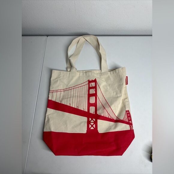 Rickshaw San Francisco Golden Gate Bridge Tote Bag Cream Red Made In USA - Picture 1 of 16